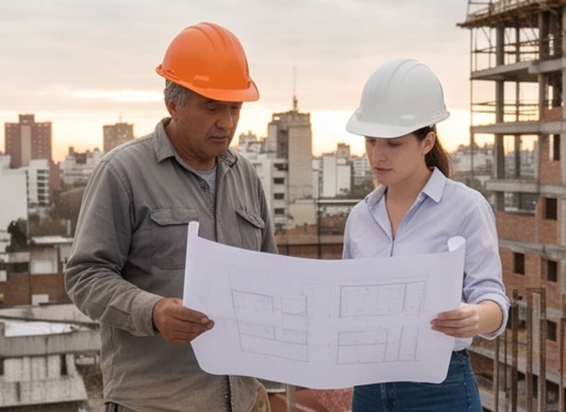 Capataz e ingeniera revisando planos en una obra