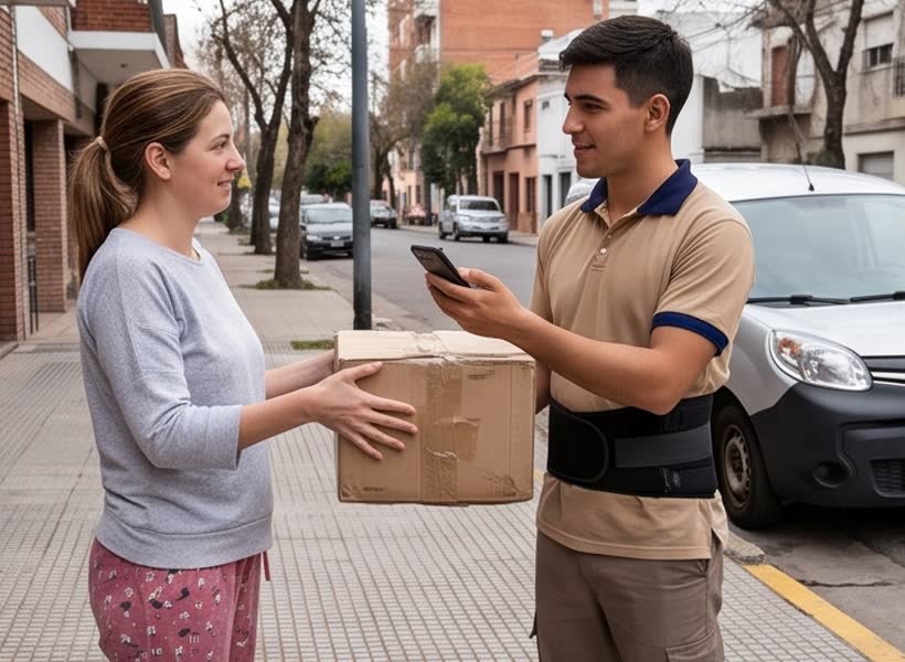 Repartidor entregando un paquete junto a su camioneta