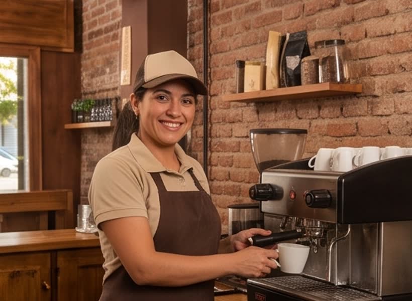 Encargada de un local de gastronomía preparando un café
