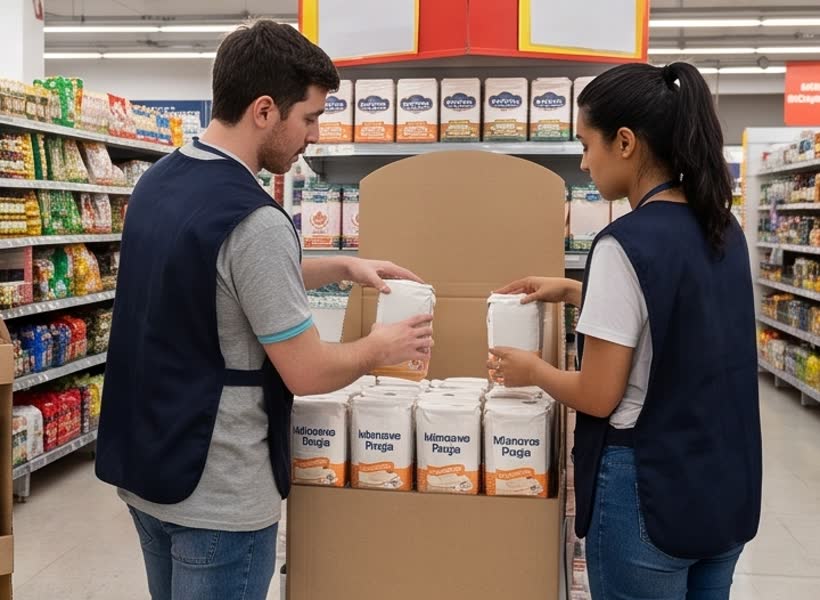 Repositores acomodando productos en la góndola de un supermercado